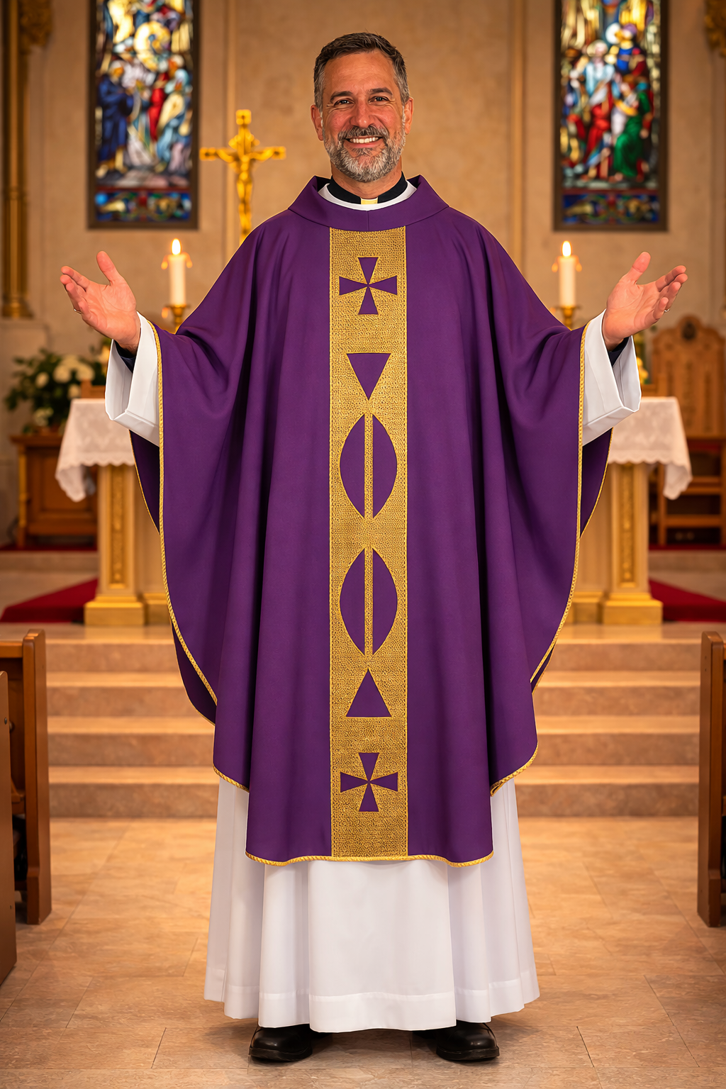 Gothic Chasuble purple with gold mesh orphrey and cowl collar. Made in Italy