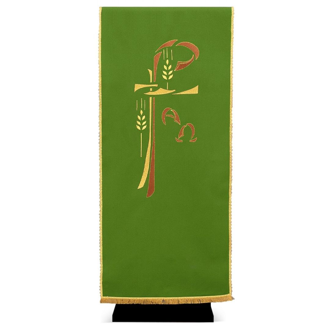 Lectern cover with embroidered Chi Rho and Alpha Omega design. Made by Desta and sold by The Clergy Store