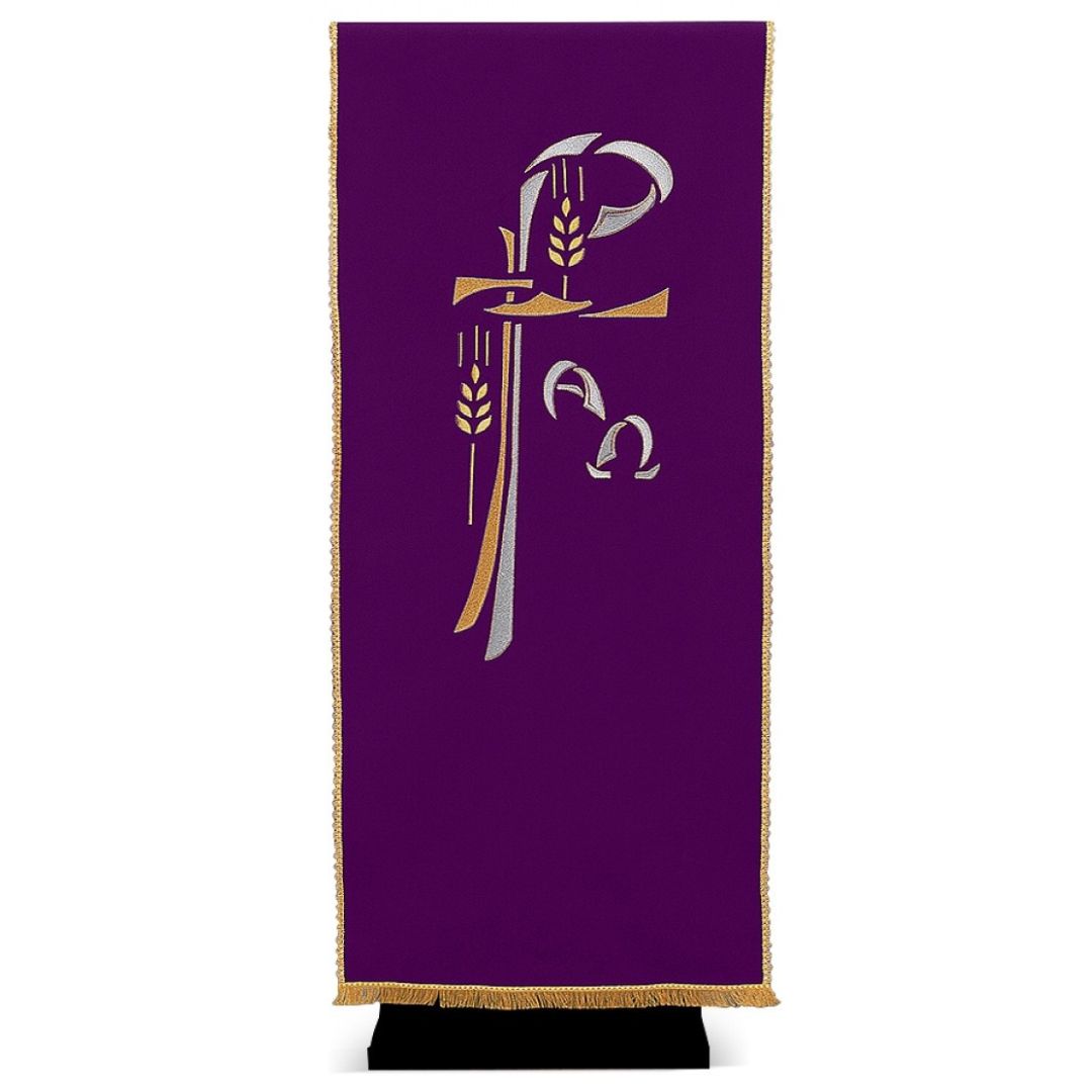 Lectern cover with embroidered Chi Rho and Alpha Omega design. Made by Desta and sold by The Clergy Store