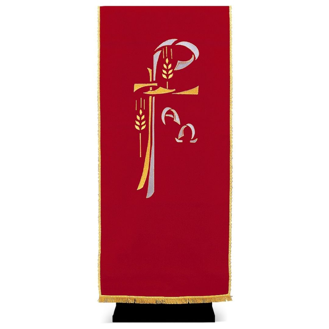 Lectern cover with embroidered Chi Rho and Alpha Omega design. Made by Desta and sold by The Clergy Store