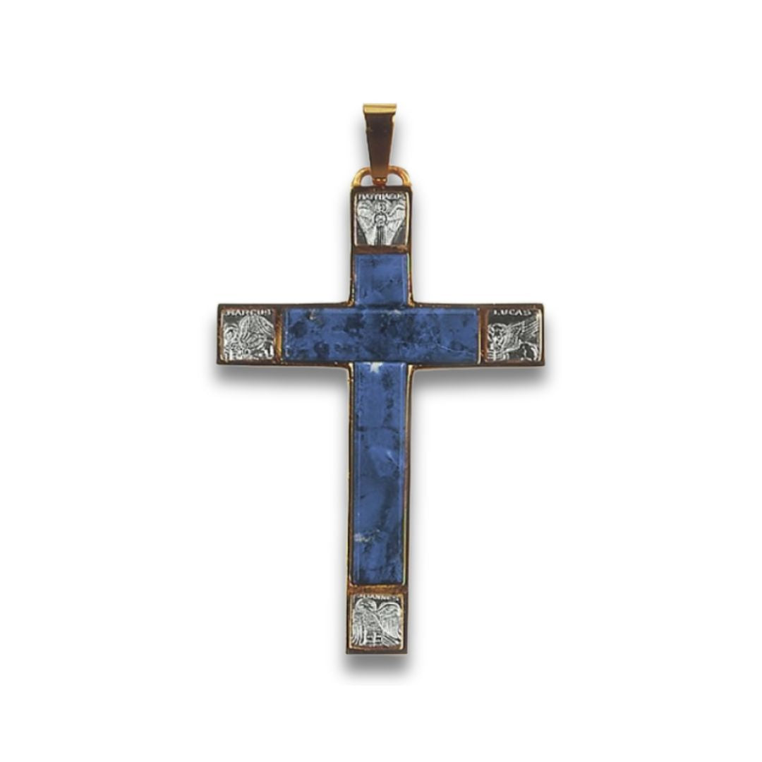 Bishop's pectoral cross made from 925 silver and lapis stone. Gold and Silver finish. Made in Italy and sold by The Clergy Store