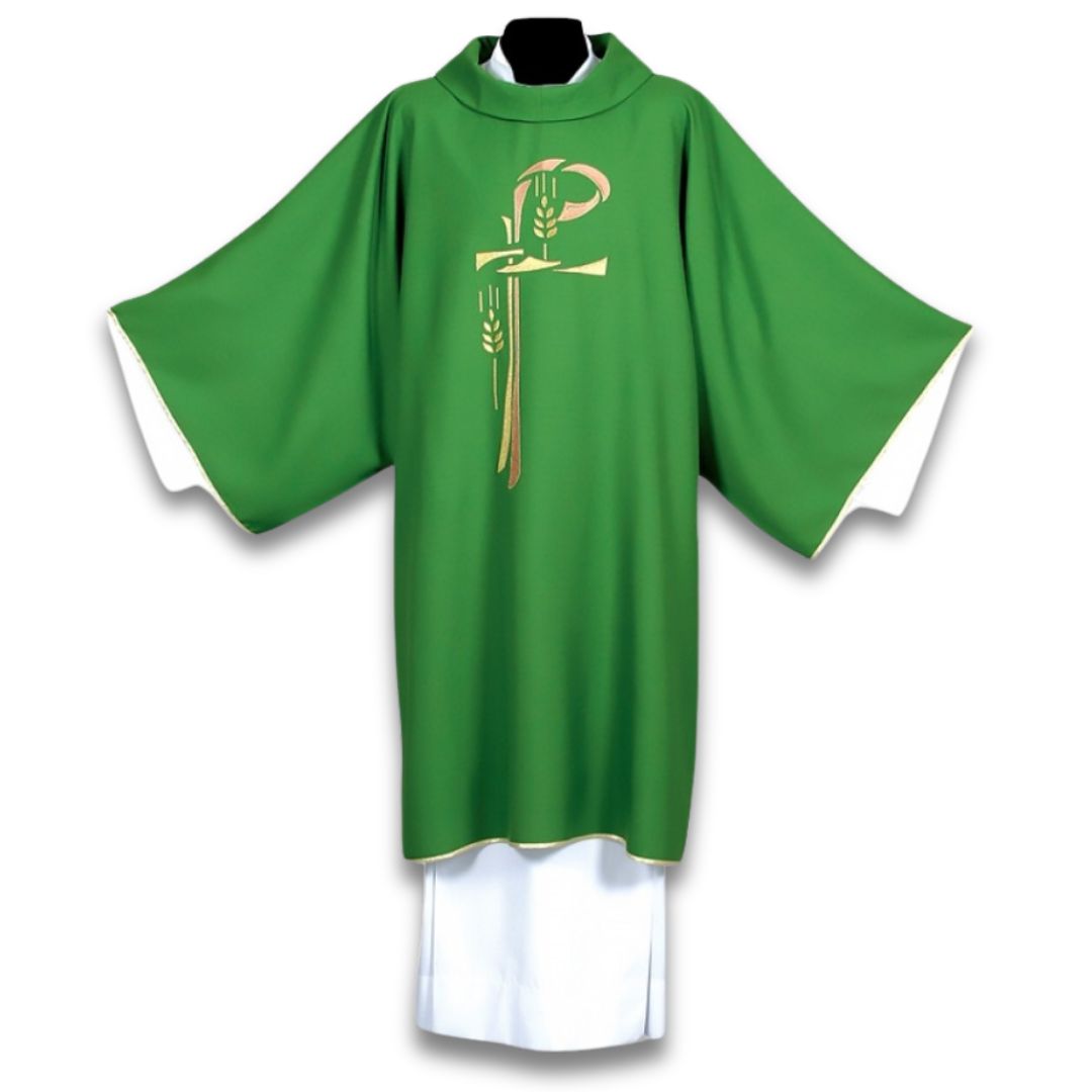 Dalmatic green with Chi Rho and stalk of wheat embroidery on Italian wool. Made by Desta and sold by The Clergy Store