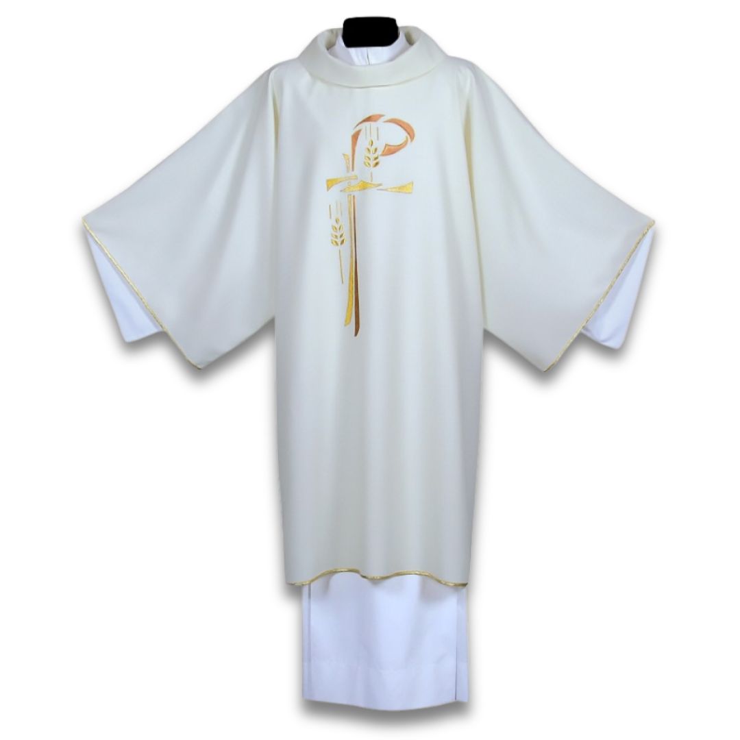 Dalmatic ivory with Chi Rho and stalk of wheat embroidery on Italian wool. Made by Desta and sold by The Clergy Store