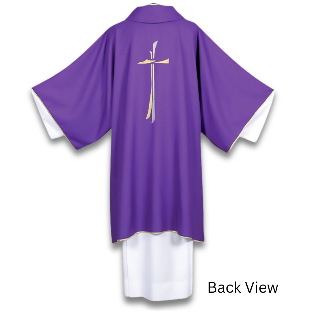 Dalmatic purple with Chi Rho and stalk of wheat embroidery on Italian wool. Made by Desta and sold by The Clergy Store