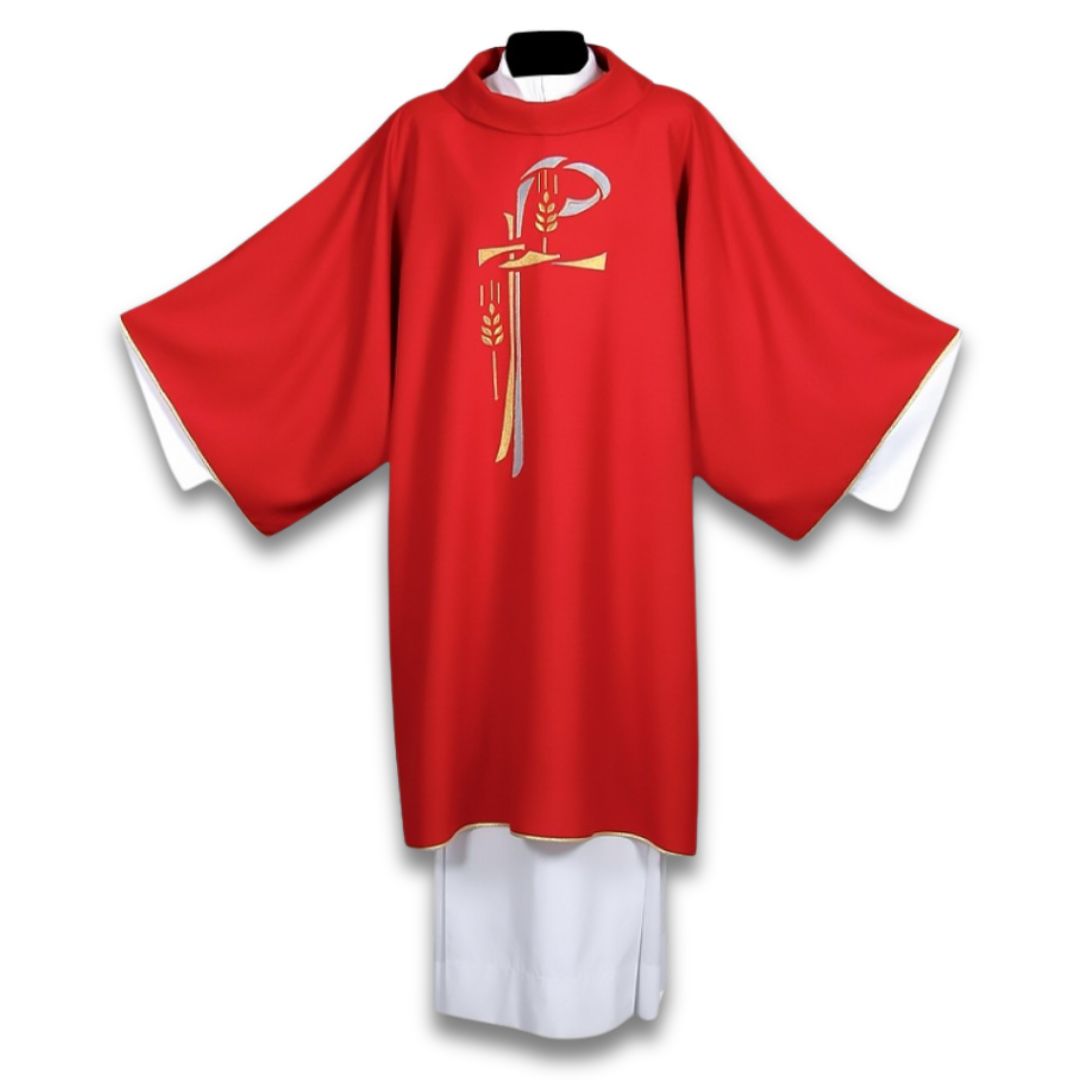 Dalmatic red with Chi Rho and stalk of wheat embroidery on Italian wool. Made by Desta and sold by The Clergy Store