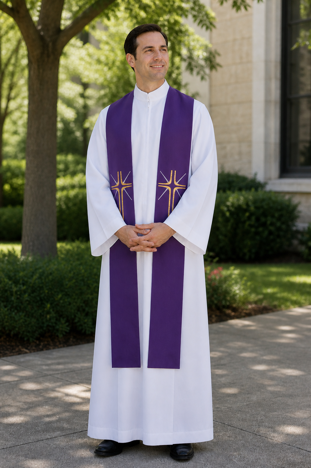 Purple priest stole with gold cross and rays