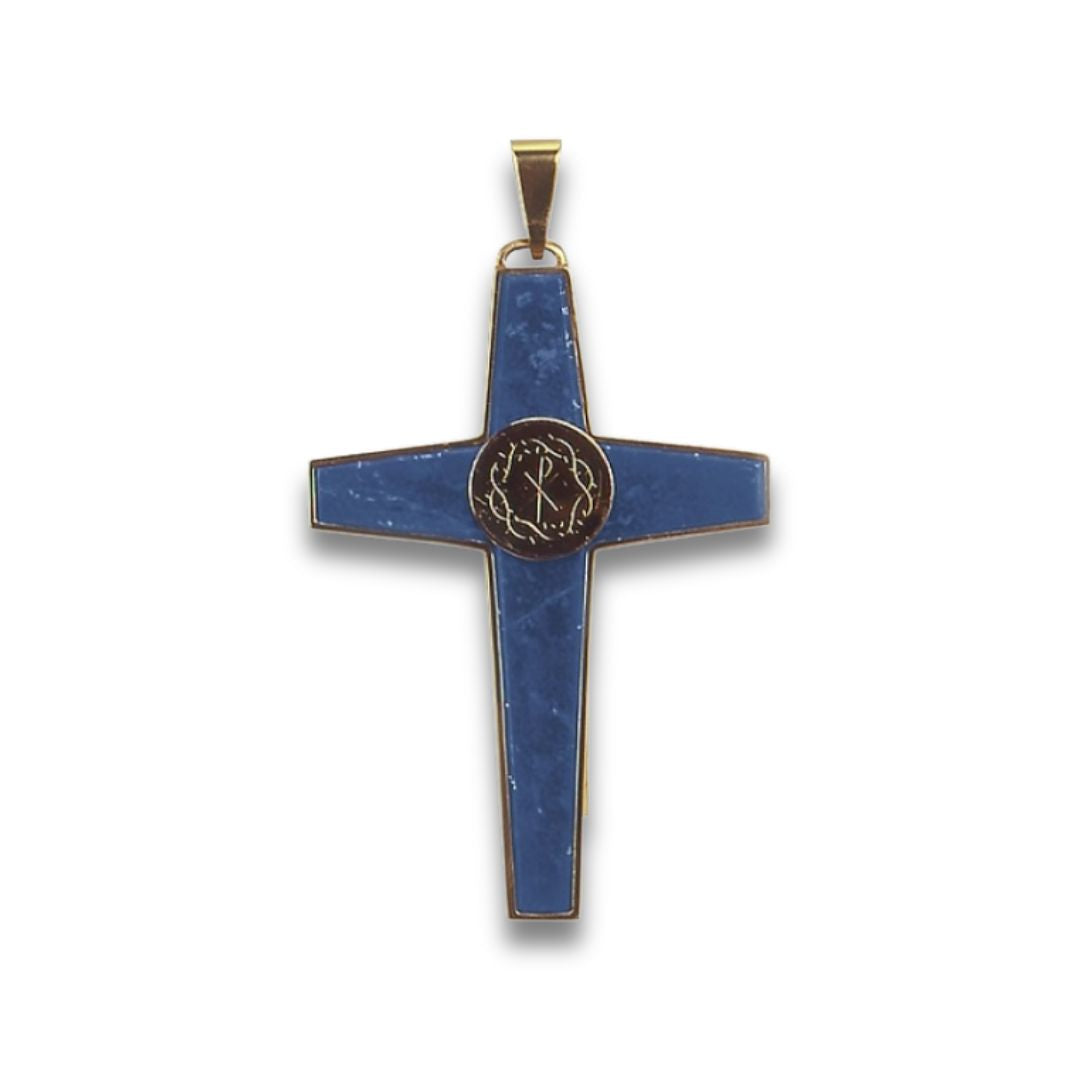 Bishop's pectoral cross made from 925 silver and lapis stone. Gold finish. Made in Italy and sold by The Clergy Store