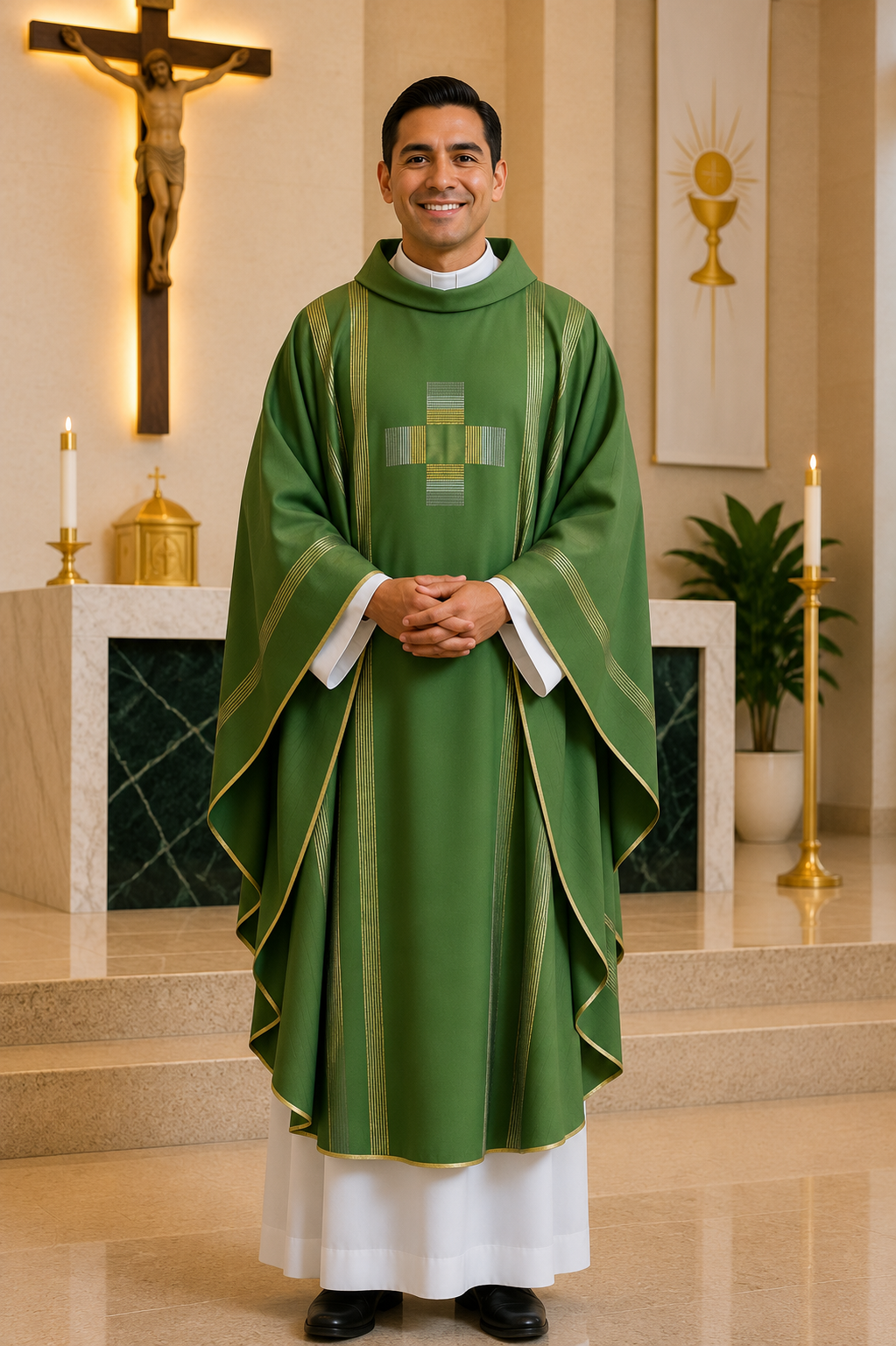 A smiling man wearing a green liturgical vestment with gold trim and a white collar stands in a church setting with candles, a crucifix, and altar visible in the background.