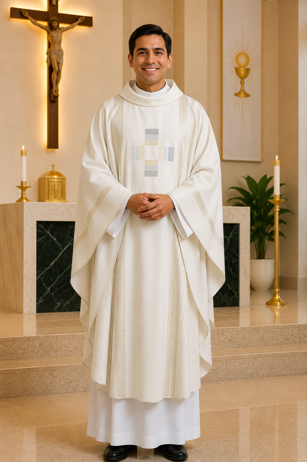 A smiling man wearing a white liturgical vestment stands in a church setting with a crucifix, candles, and altar visible in the background.