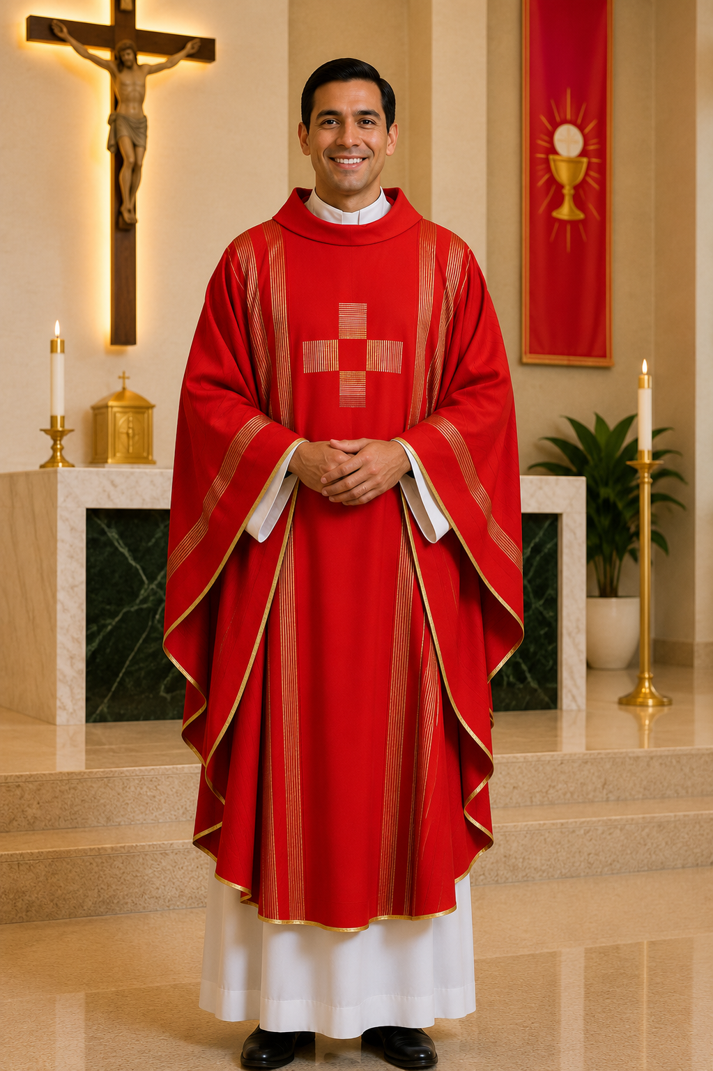 A man wearing a red and gold liturgical vestment stands in a church interior with candles, a crucifix, and altar visible in the background.
