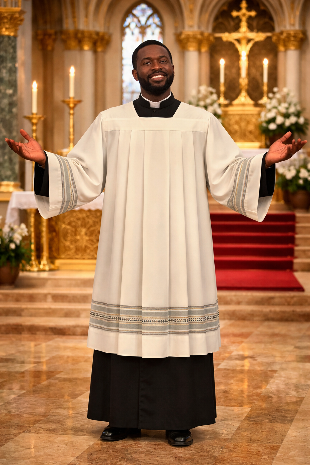 Priest in ivory surplice standing in a cathedral with arms outstretched.