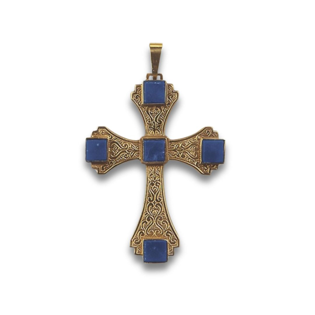 Bishop's pectoral cross made from 925 silver and lapis stone. Gold finish. Made in Italy and sold by The Clergy Store