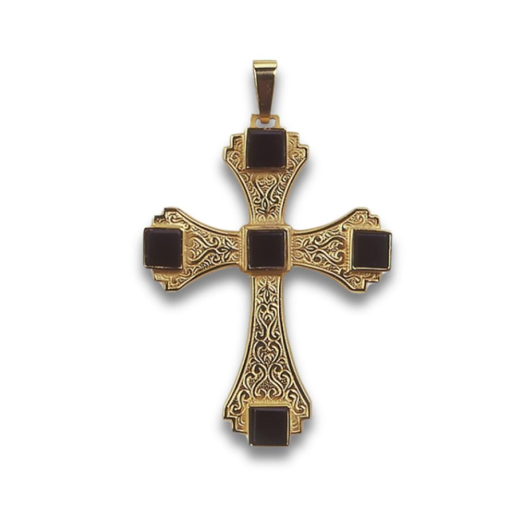 Bishop's pectoral cross made from 925 silver and semi precious stones. Gold finish. Made in Italy and sold by The Clergy Store