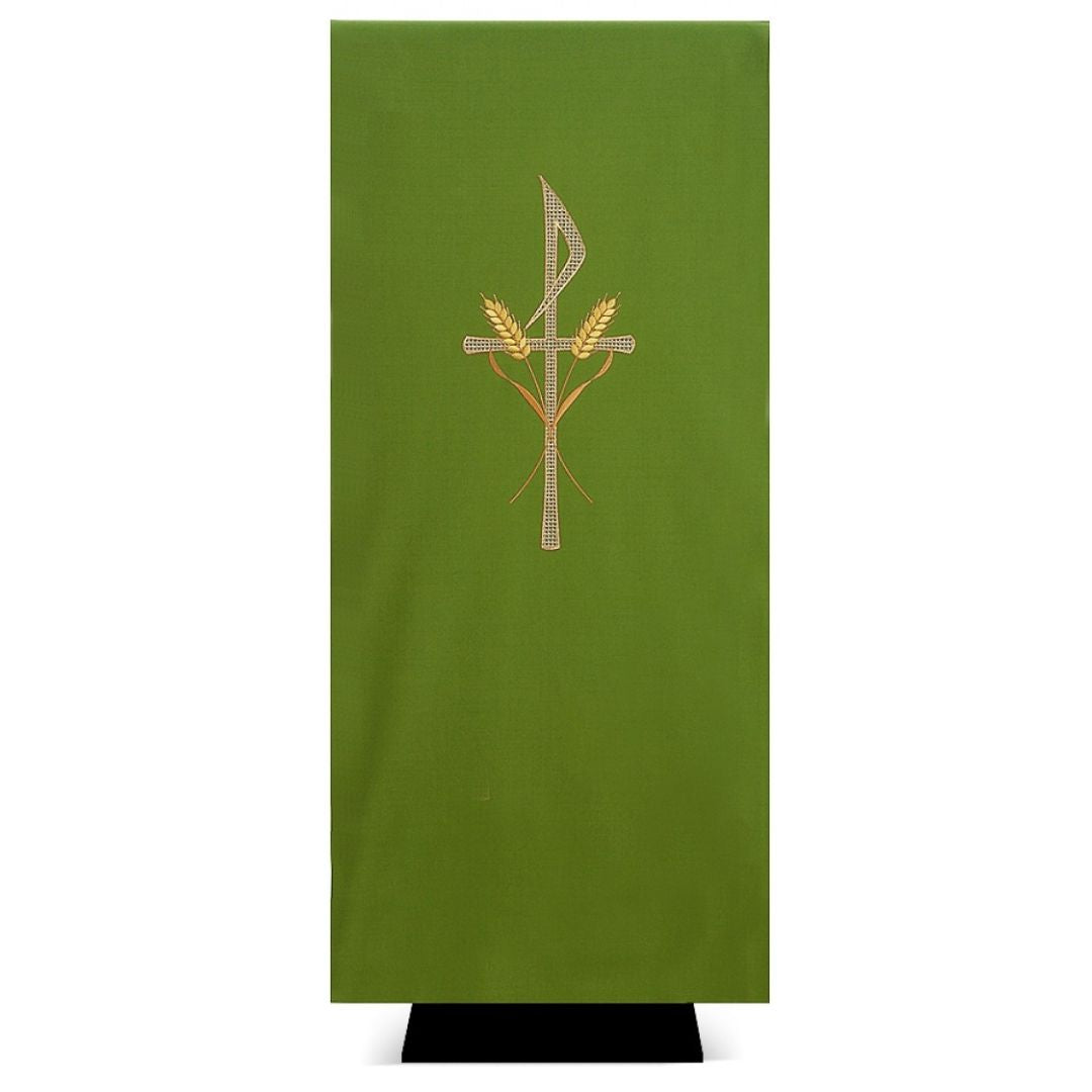 Lectern cover with embroidered Chi Rho and Stalk of Wheat design. Made by Desta and sold by The Clergy Store