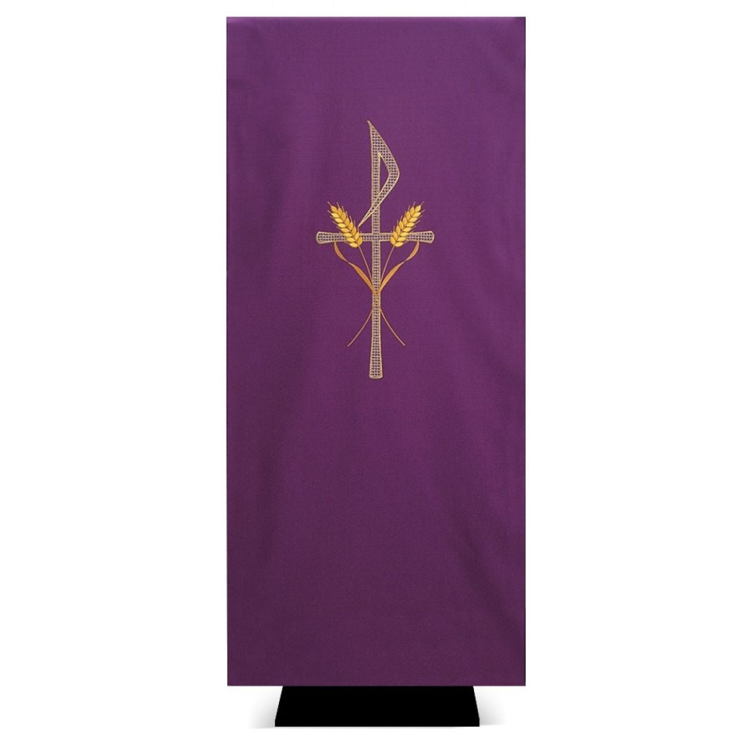Lectern cover with embroidered Chi Rho and Stalk of Wheat design. Made by Desta and sold by The Clergy Store