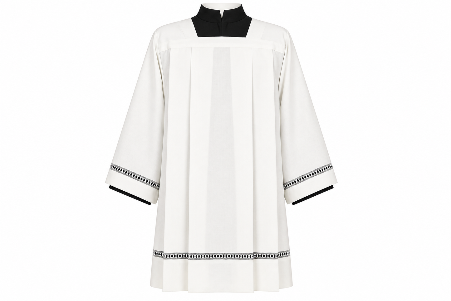 Clergy surplice in fine Italian wool with grey thread hemstitch. Square Neckline and Front and Back Pleats. Made in Italy and sold by The Clergy Store