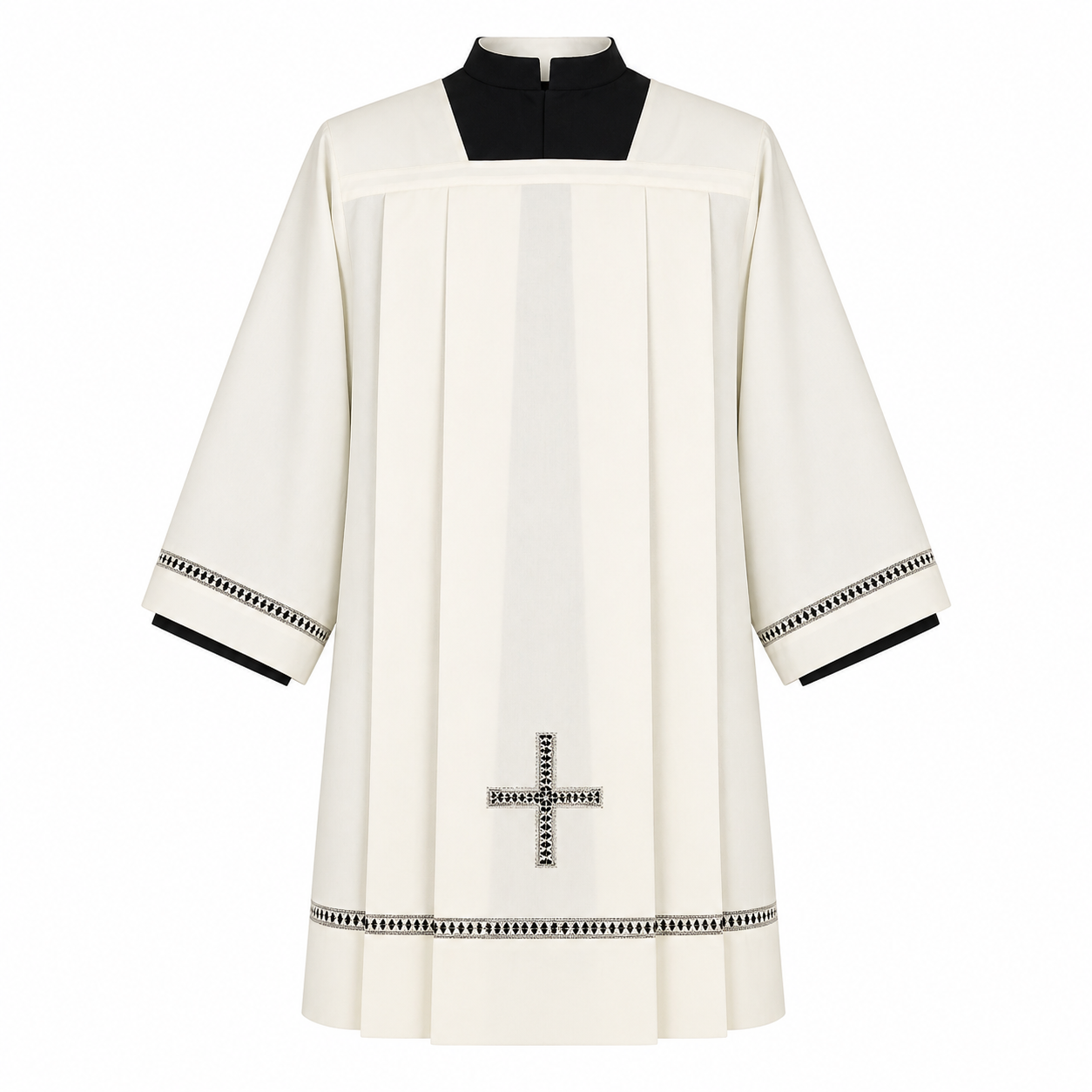 Clergy Surplice made from a wool blend with grey hemstitch and cross insert. Made in Italy and sold by The Clergy Store