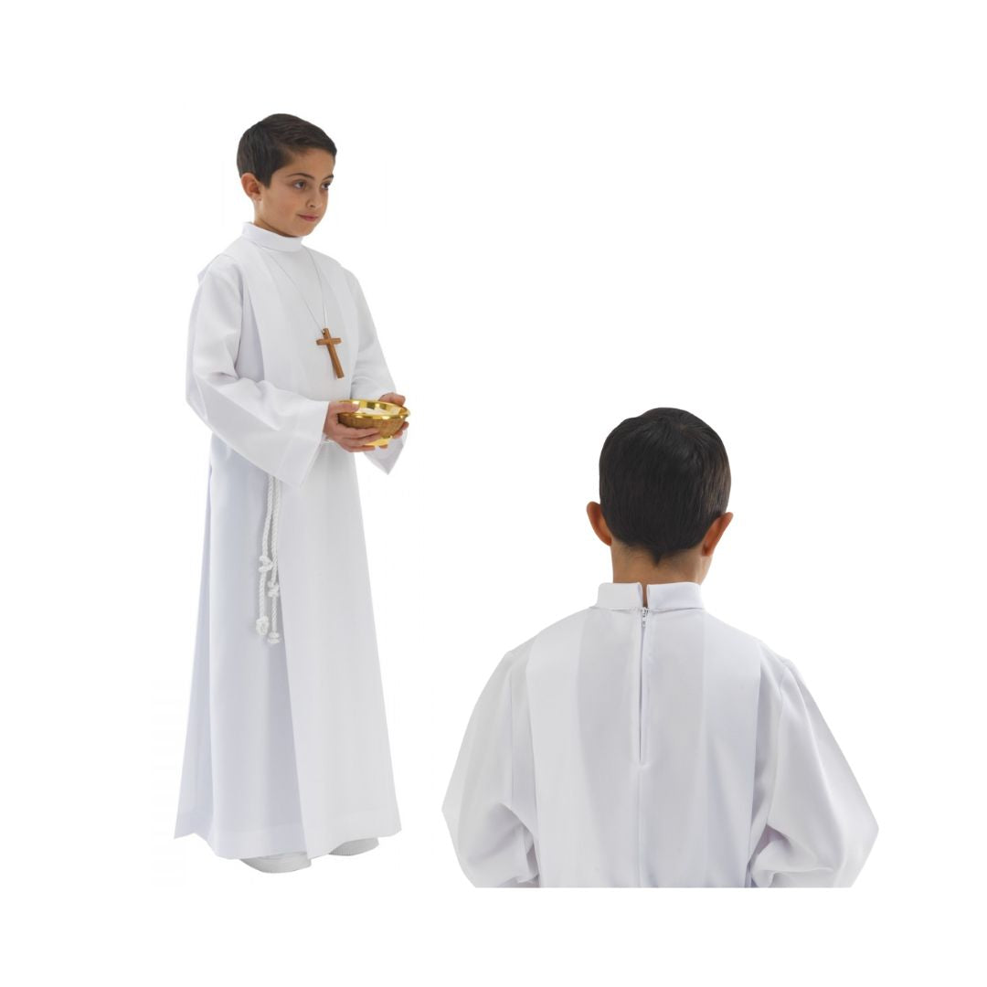 Altar boys and girls server alb with brocade trim. Zipper closure at the back. Made in Italy and sold by The Clergy Store