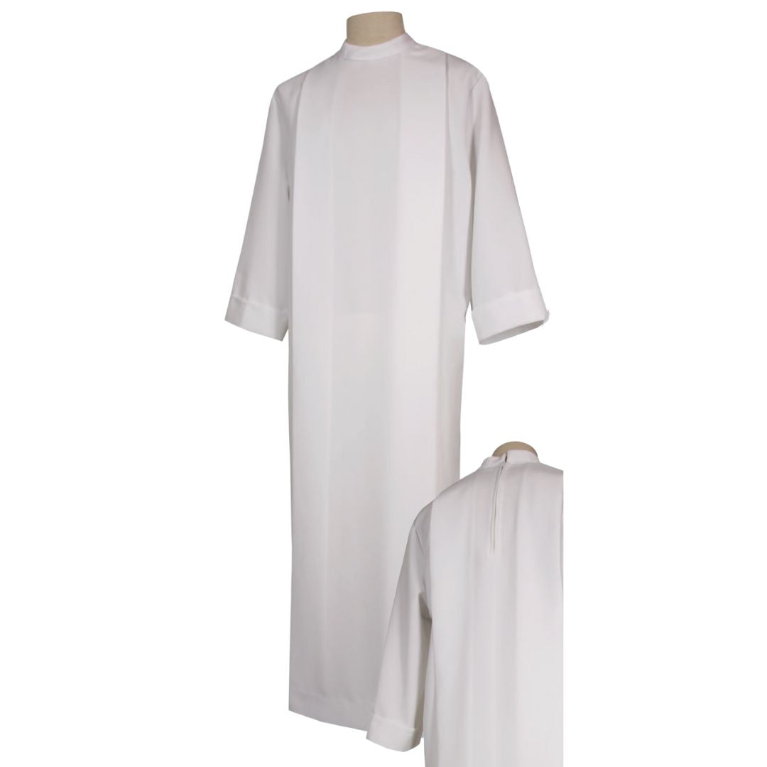 Altar boys and girls server alb with brocade trim. Zipper closure at the back. Made in Italy and sold by The Clergy Store