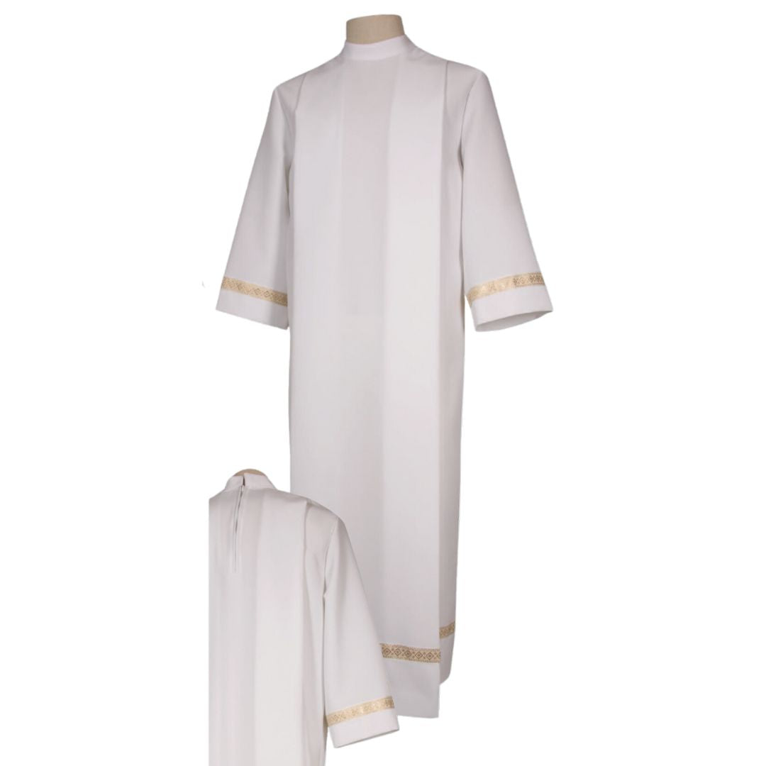 Altar boys and girls server alb with brocade trim. Zipper closure at the back. Made in Italy and sold by The Clergy Store