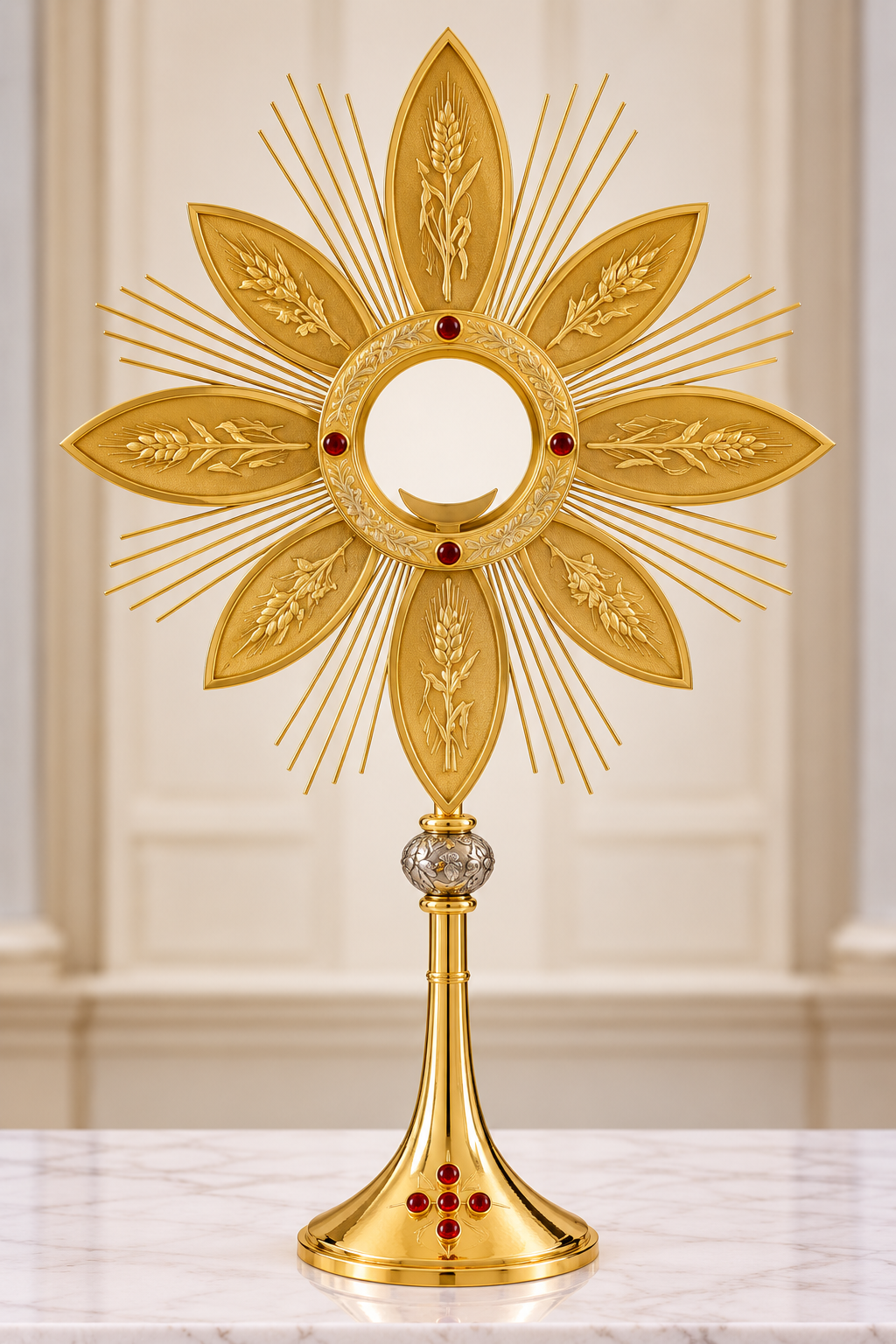 Monstrance with engraved grapes and wheat brass gold plated