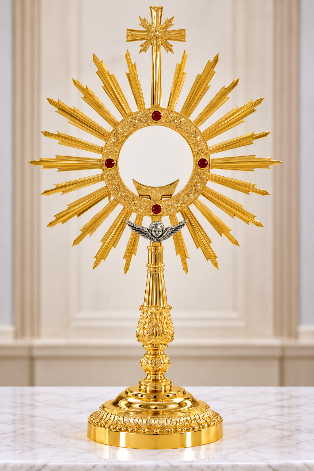 Monstrance with angel and stones brass gold plated