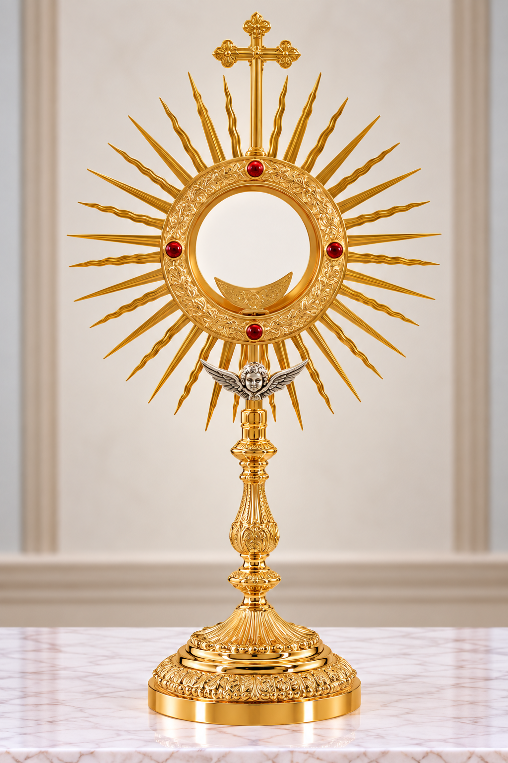 Monstrance with angel and stones brass gold plated