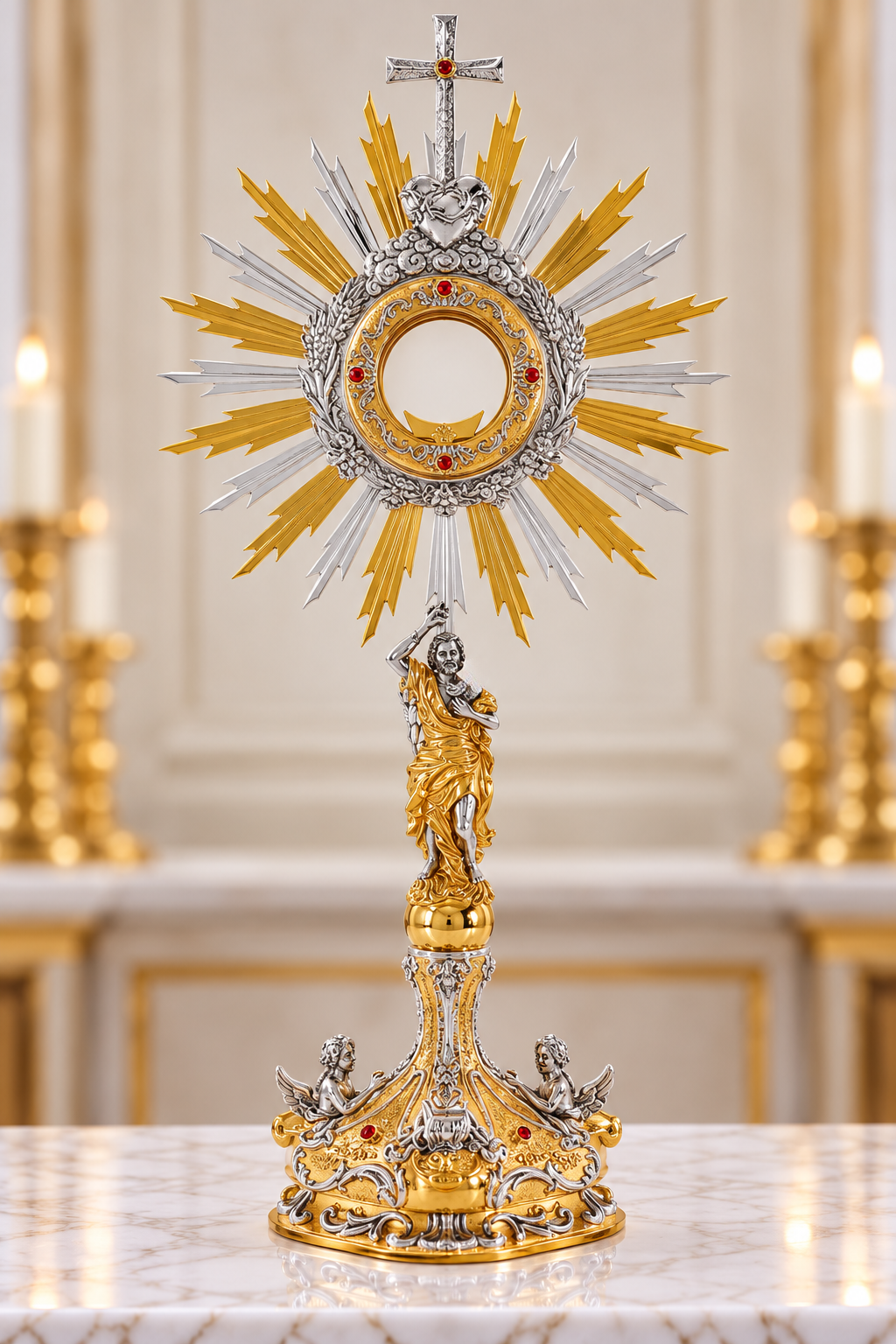 Baroque monstrance with the Sacred Heart and Risen Christ and engraving of wheat and grapes