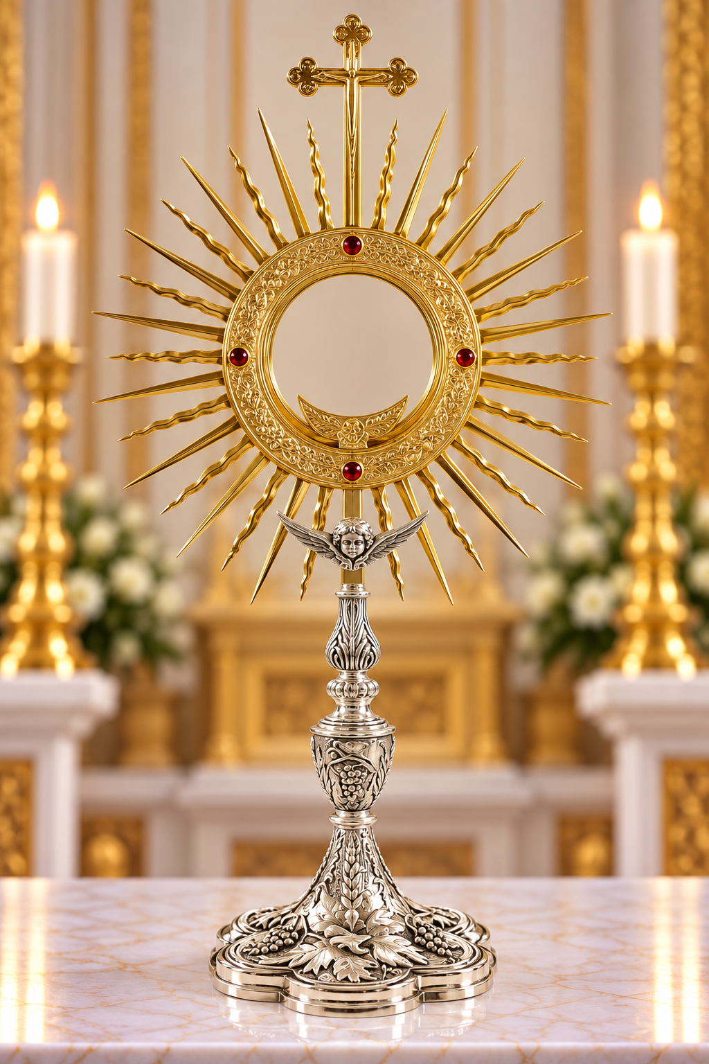 Monstrance with Angel and Engraved wheat and grapes at the base.
