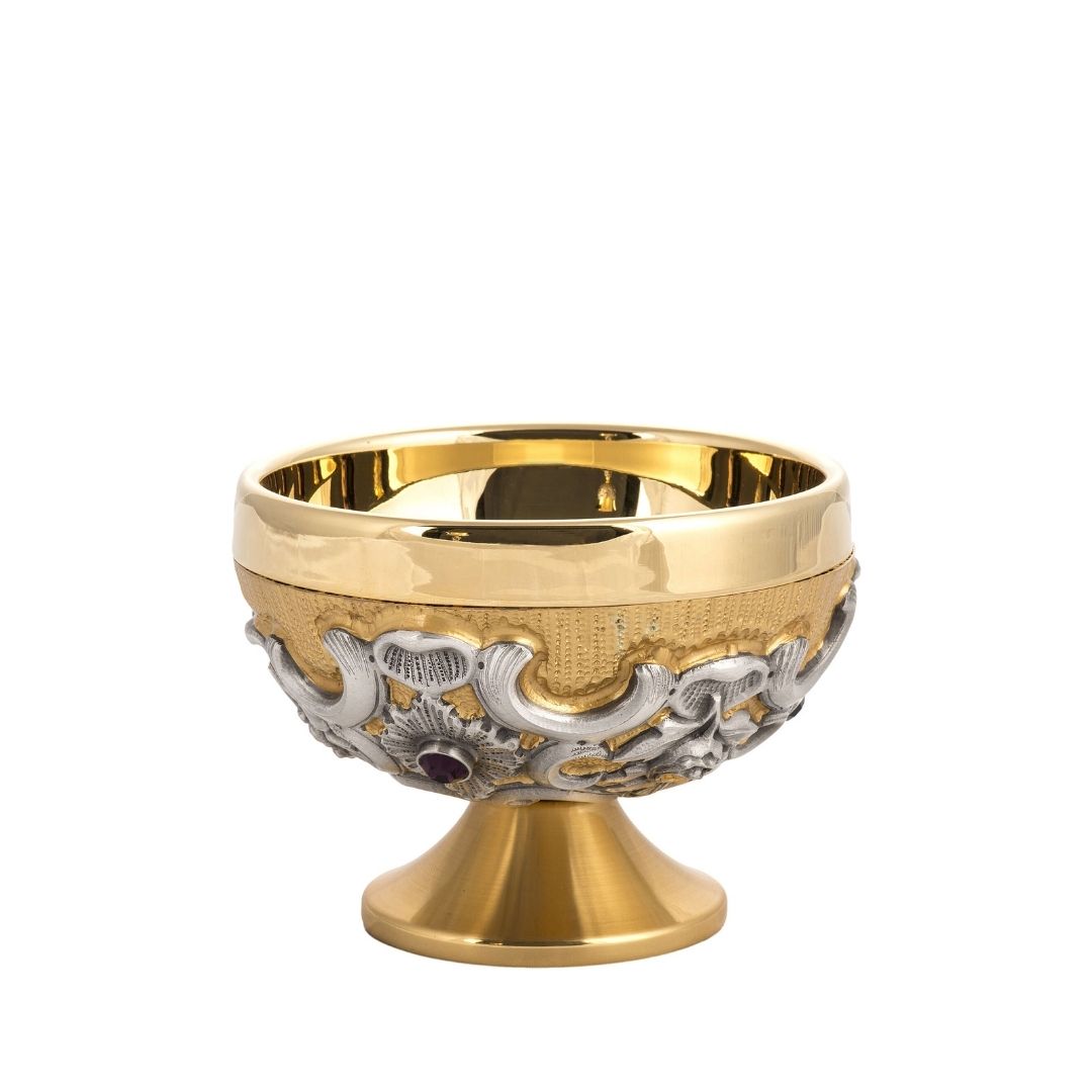 Open Ciborium bi-color with baroque design and semi precious stones. Made by Mollica and sold by The Clergy Store
