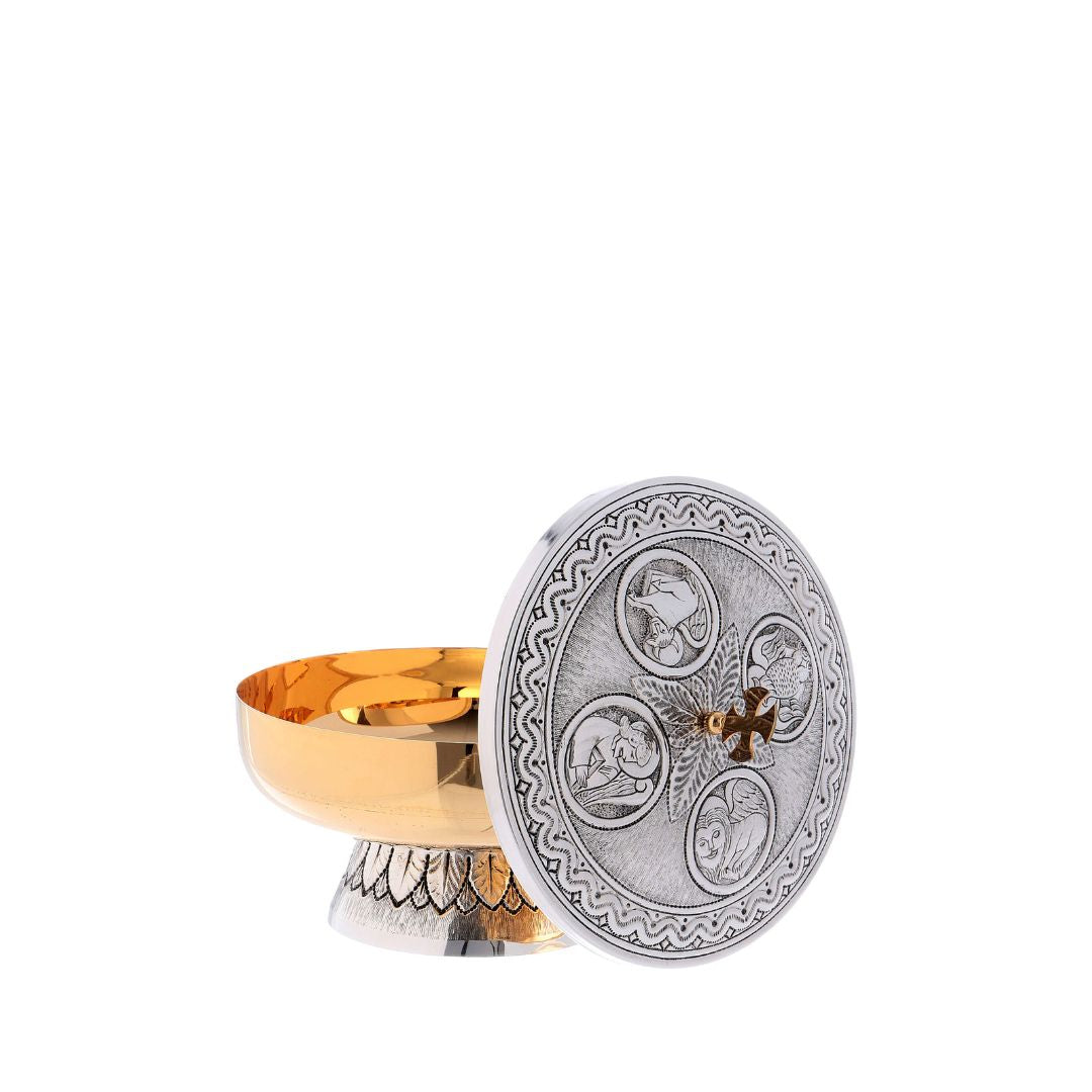 Open Ciborium two tone finish with images of the 4 evangelist. Made in Italy and sold by The Clergy Store