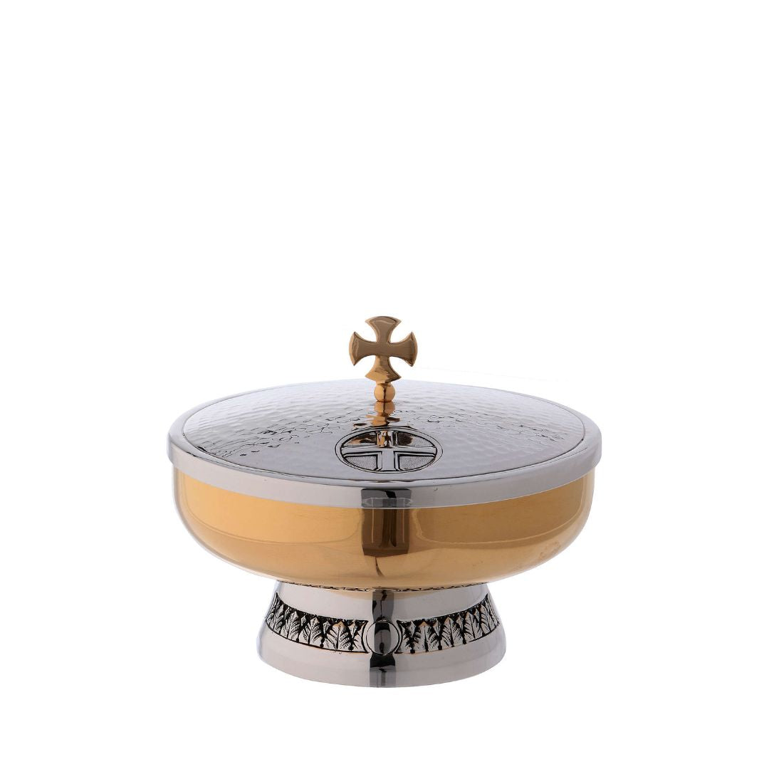 Open Ciborium with Celtic Cross and Leaves design. Made in Italy by Mollica and sold by The Clergy Store