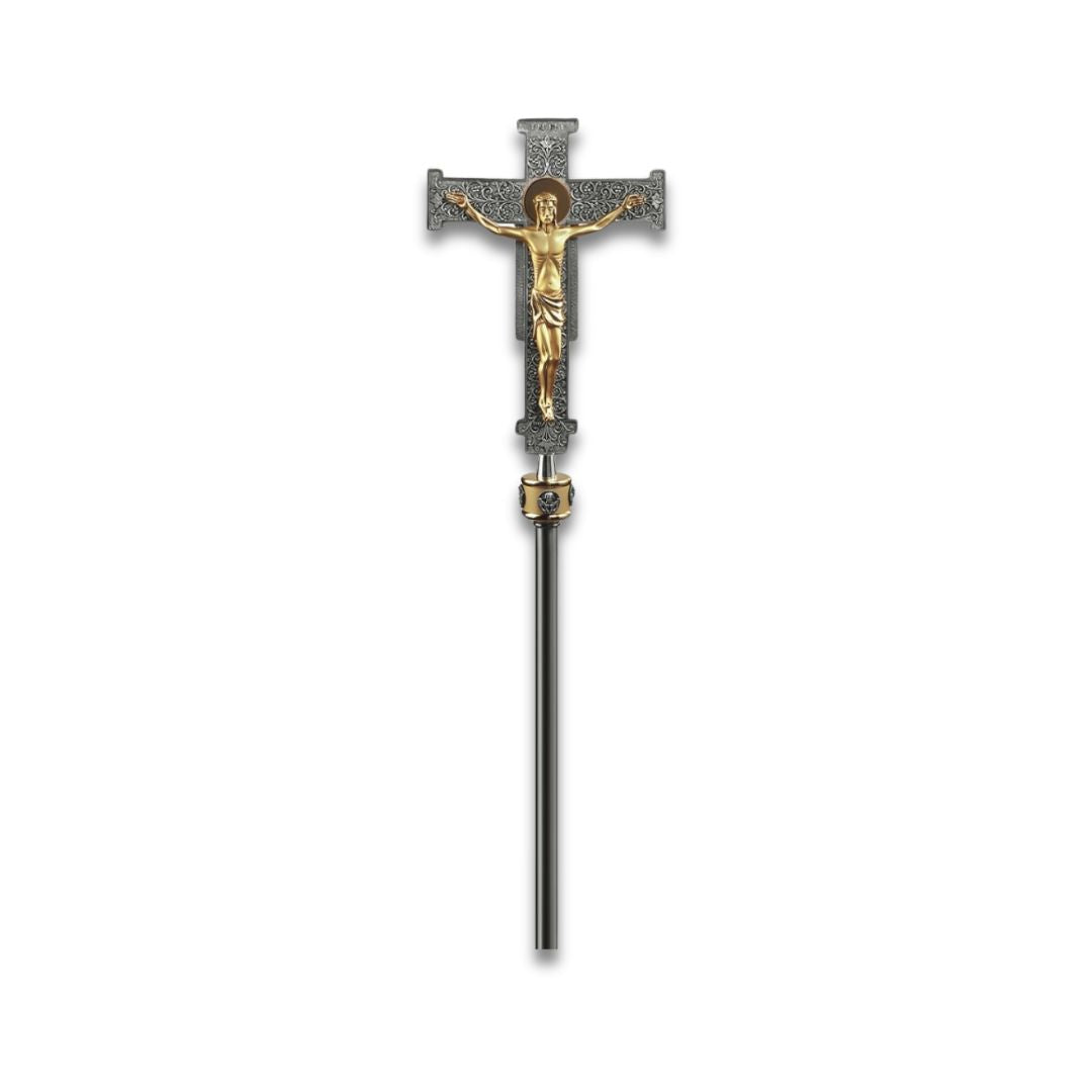 Processional Cross with pole traditional style two tone finish. Made in Italy and sold by The Clergy Store