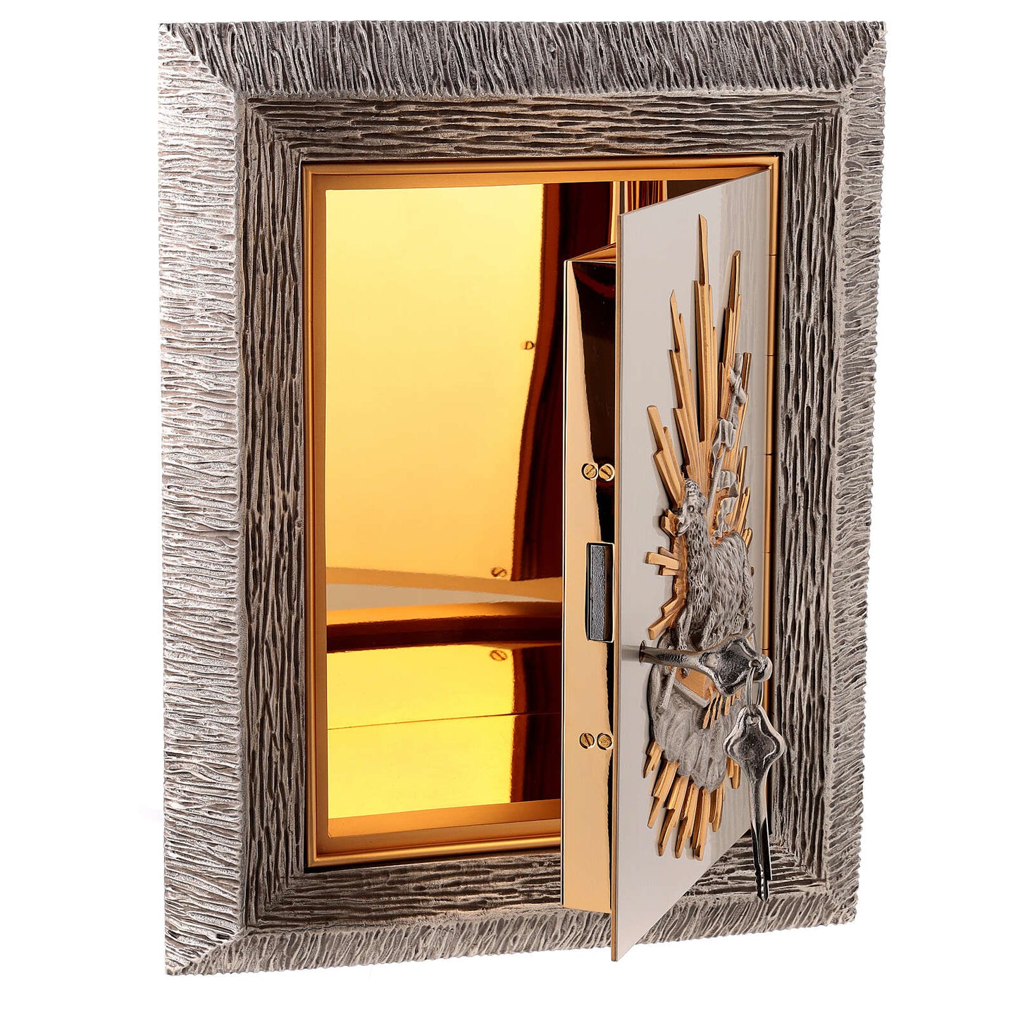 Bronze wall tabernacle with Lamb of God design in a silver two tone finish. Made in Italy and sold by The Clergy Store