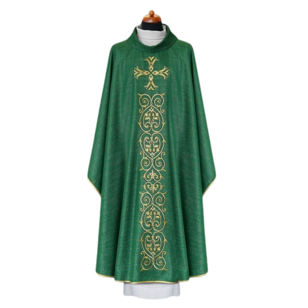 Chasuble with Gold cross and Baroque embroidery on polyester lurex material. Made in Europe and sold by The Clergy Store