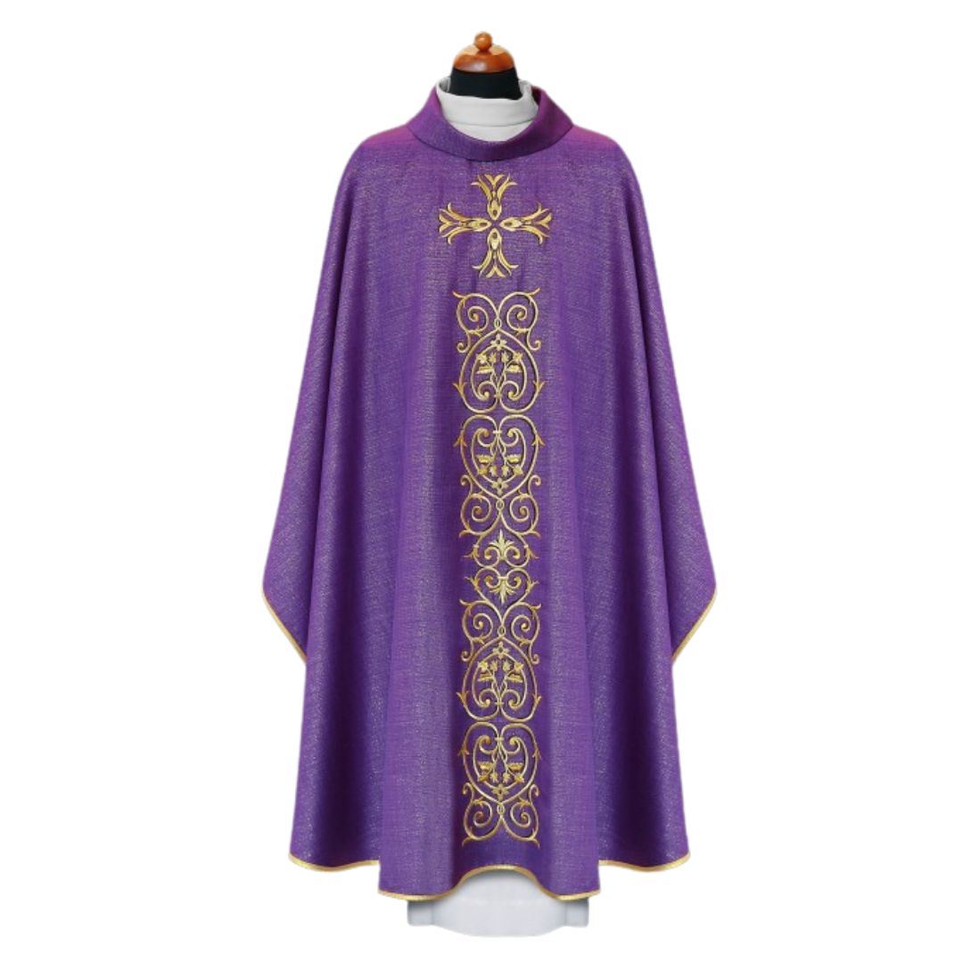 Chasuble with Gold cross and Baroque embroidery on polyester lurex material. Made in Europe and sold by The Clergy Store