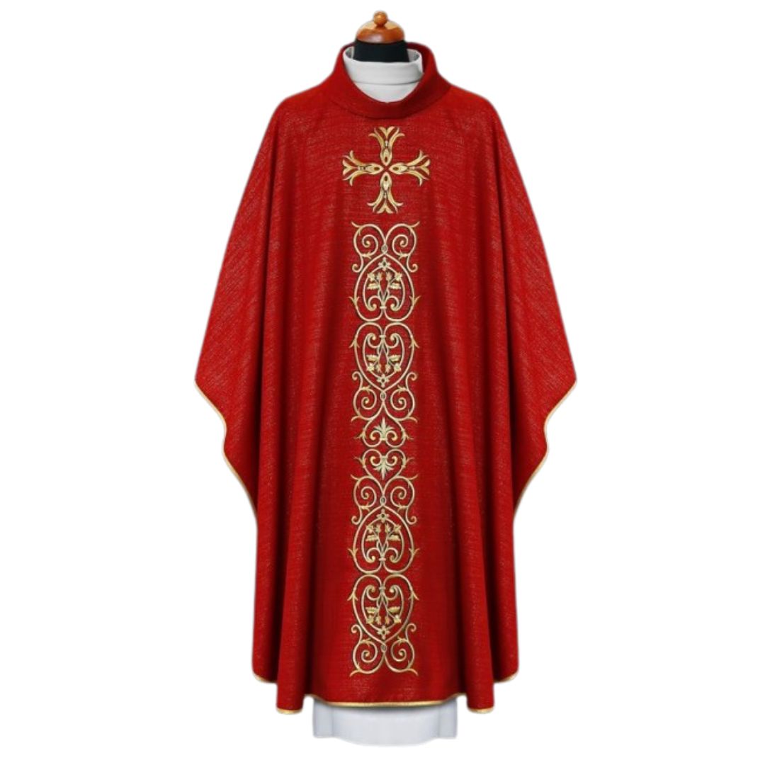Chasuble with Gold cross and Baroque embroidery on polyester lurex material. Made in Europe and sold by The Clergy Store