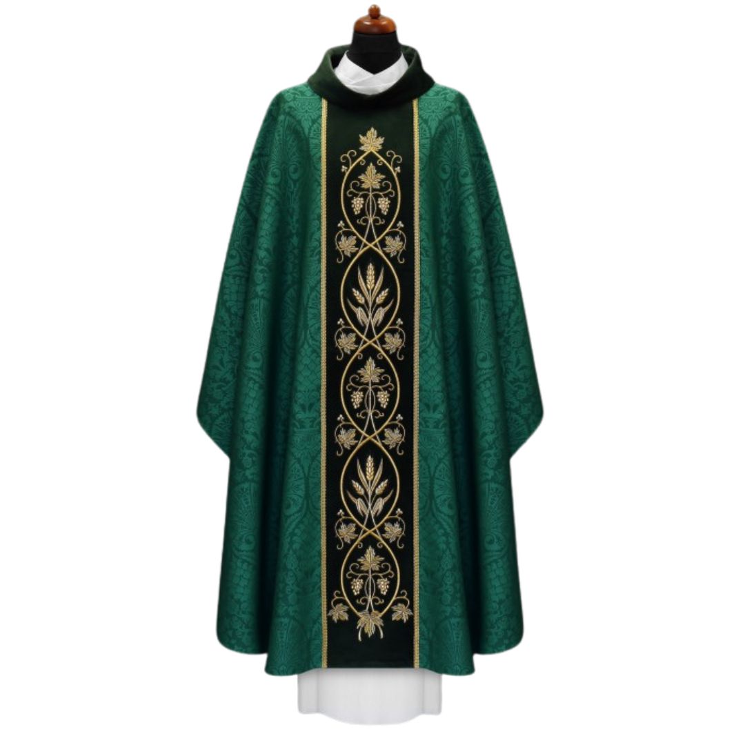 Gothic Chasuble with baroque embroidery on soft velvet and woven damask material. Made in Poland and sold by The Clergy Store