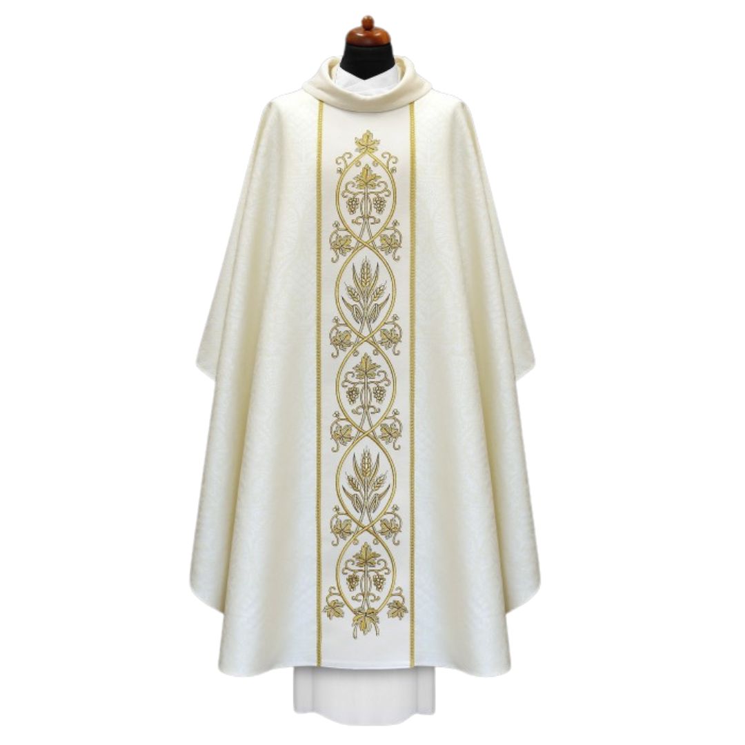 Gothic Chasuble with baroque embroidery on soft velvet and woven damask material. Made in Poland and sold by The Clergy Store