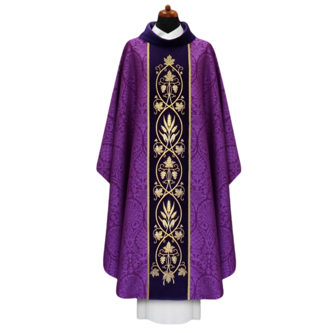 Gothic Chasuble with baroque embroidery on soft velvet and woven damask material. Made in Poland and sold by The Clergy Store