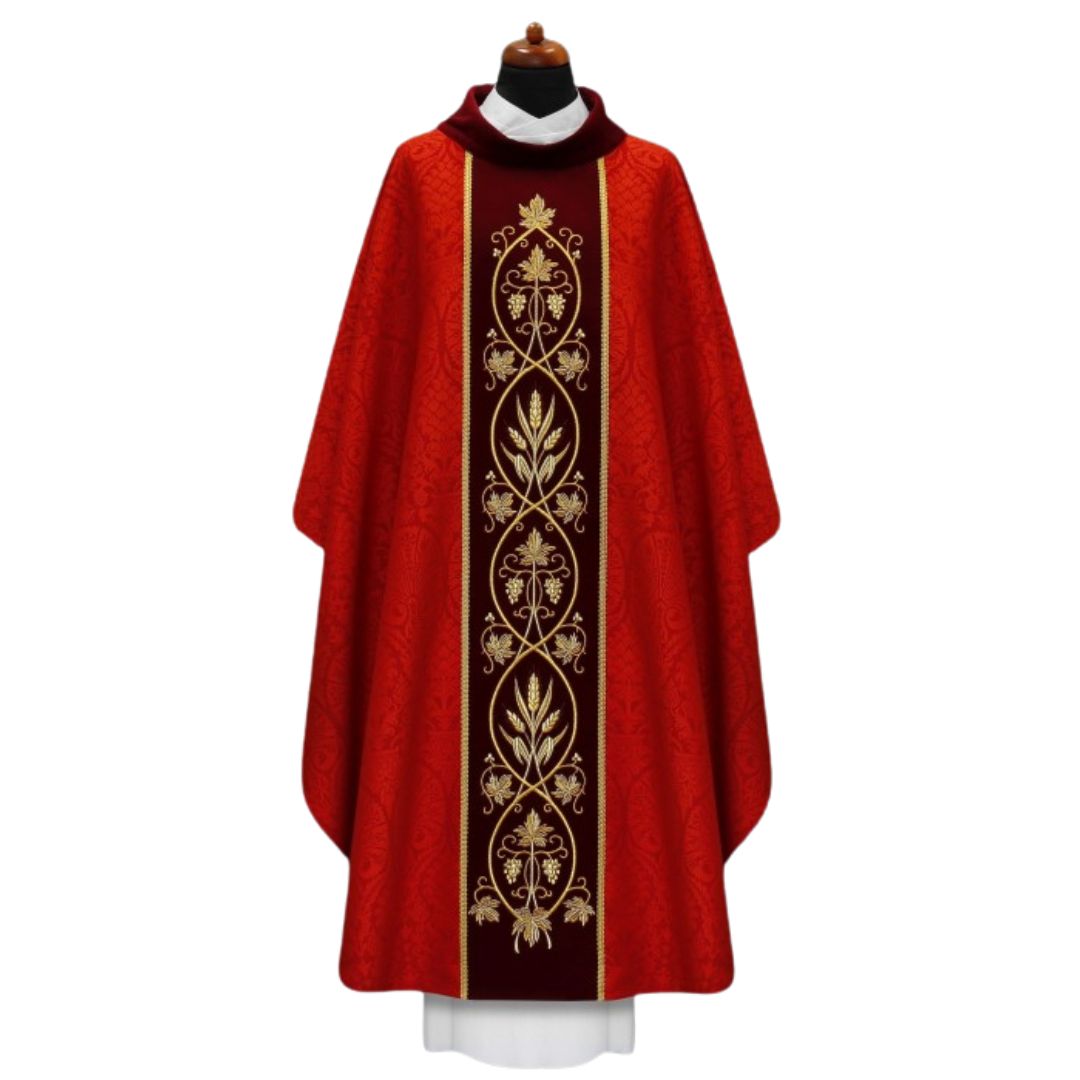 Gothic Chasuble with baroque embroidery on soft velvet and woven damask material. Made in Poland and sold by The Clergy Store