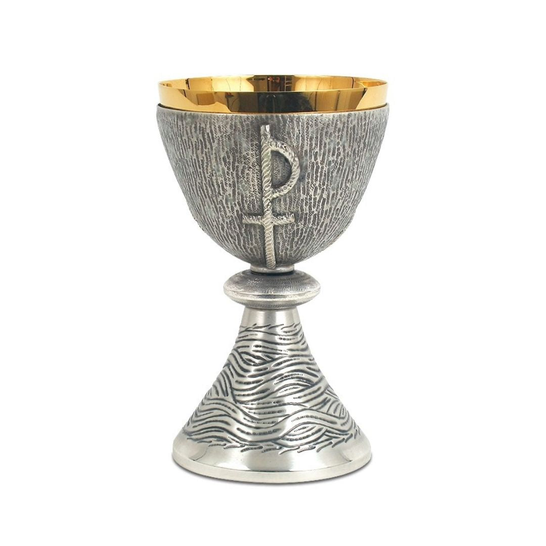 Chalice with chiseled Crucifixion and Chi Rho motif in a Bi-Color or Silver finish
