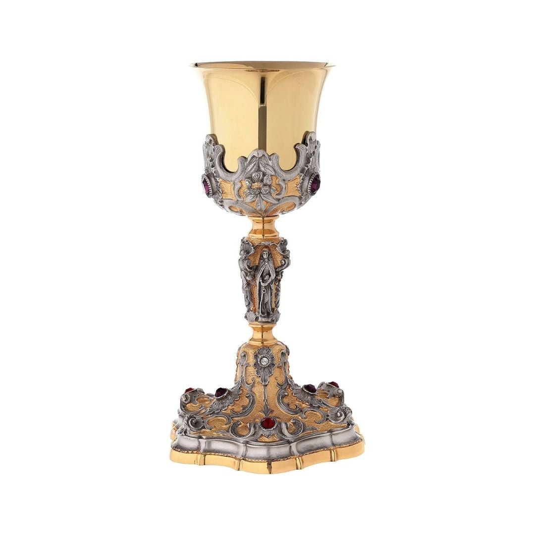 Chalice bi-color with baroque design and semi precious stones. Made by Mollica and sold by The Clergy Store