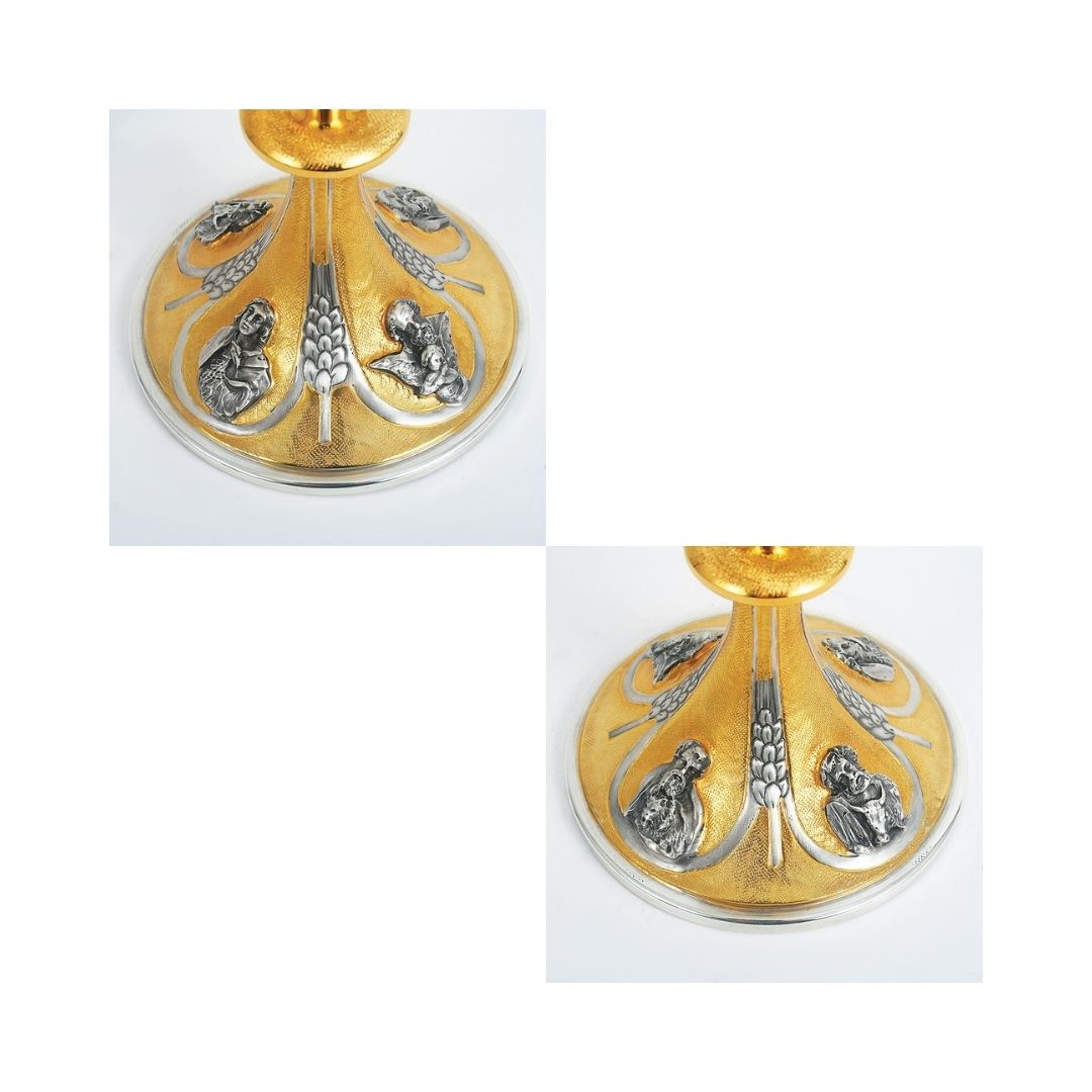 Chalice gold plated with images of the 4 Evangelists and wheat motifs in a bi-color finish.