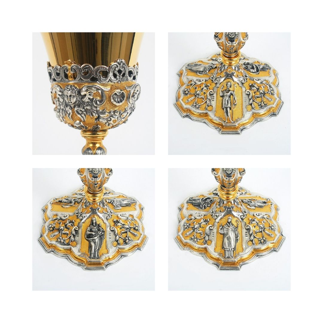 Chalice bi-color castwork in gold plated with images of Saints and Angels.