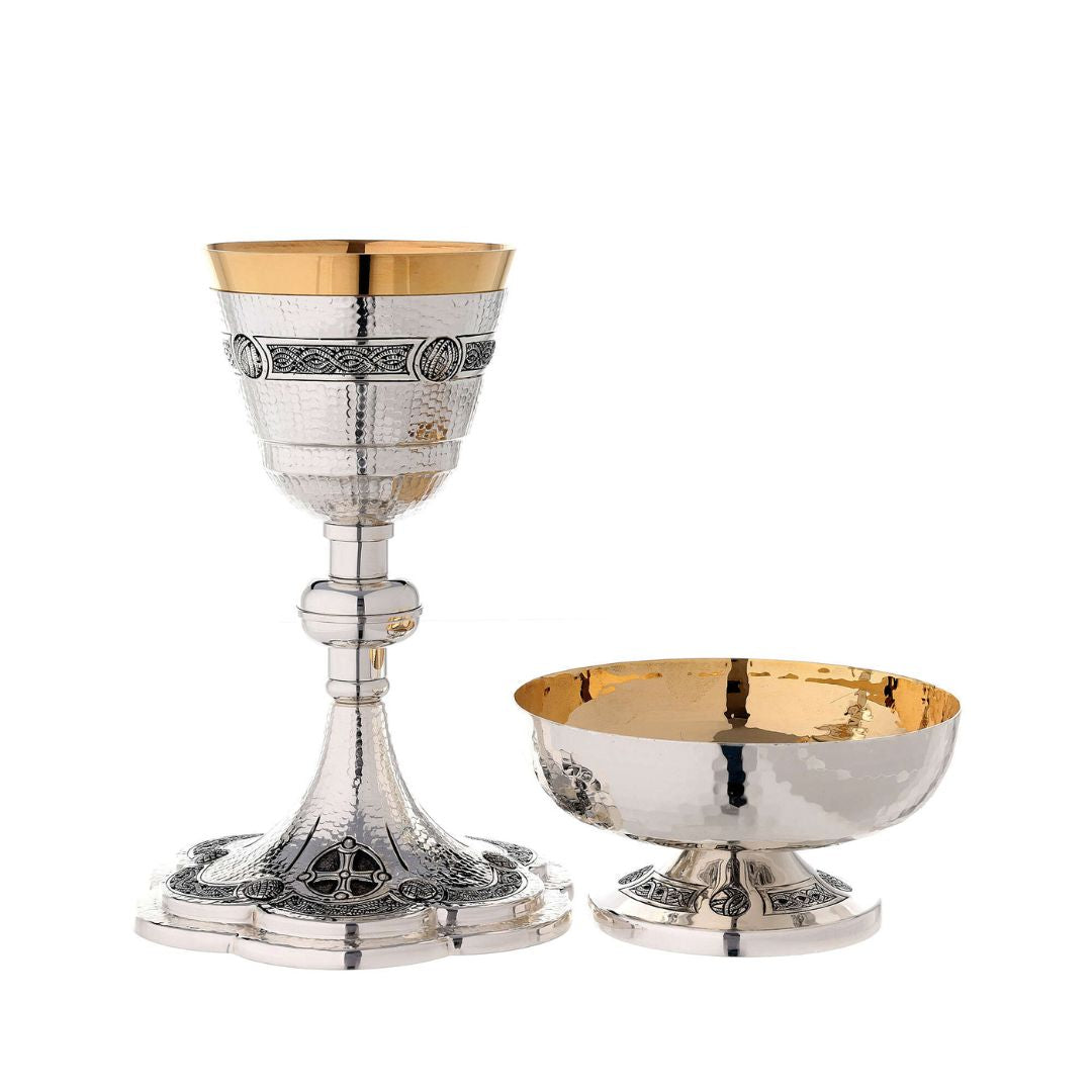Chalice and Bowl Paten hammered silver plated brass with Celtic cross. Made in Italy and sold by The Clergy Store