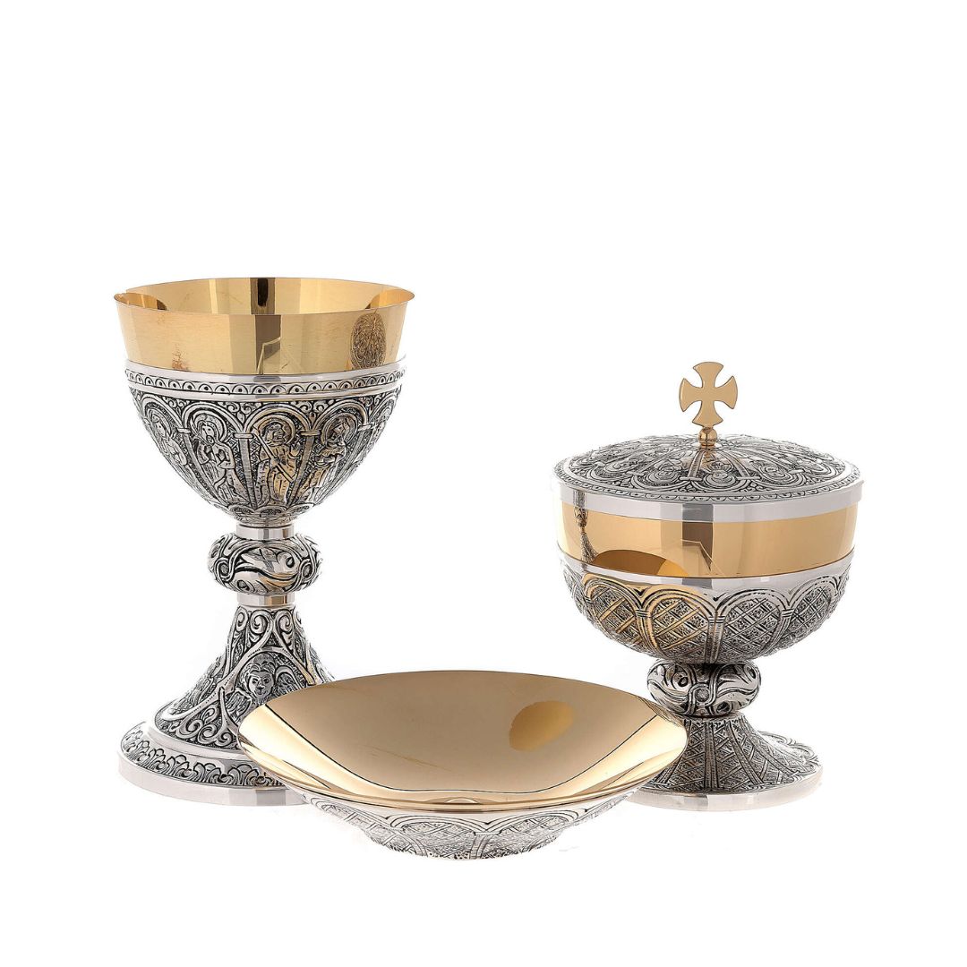 Chalice set two tone finish with images of the 12 apostles. Made in Italy and sold by The Clergy Store