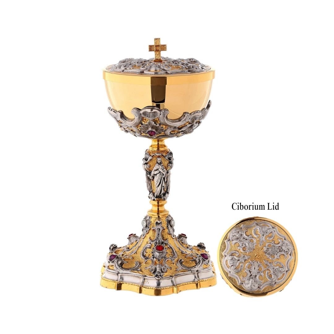 Ciborium bi-color with baroque design and semi precious stones. Made by Mollica and sold by The Clergy Store