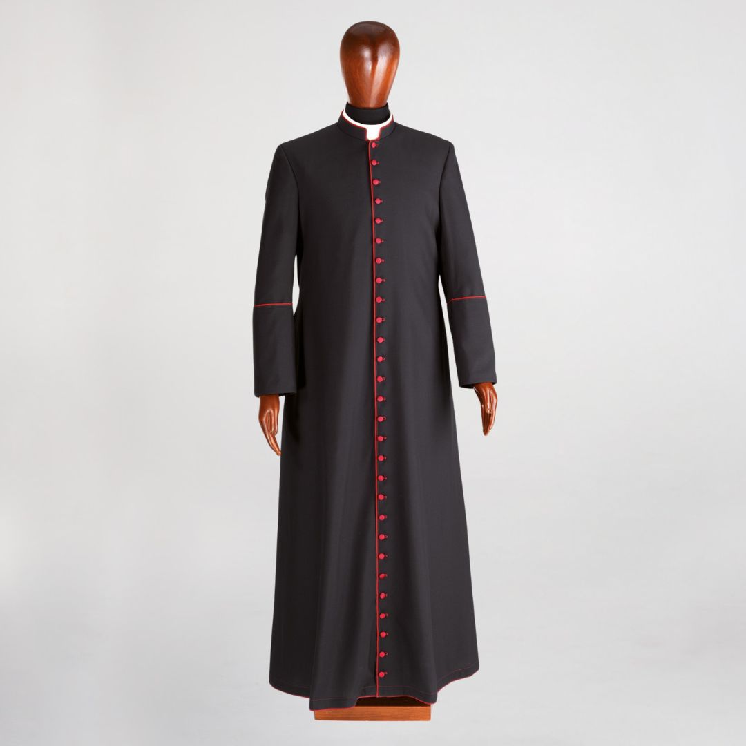 Roman clerical cassock in black with contrasting buttons and silk piping. Made in Italy and sold by The Clergy Store