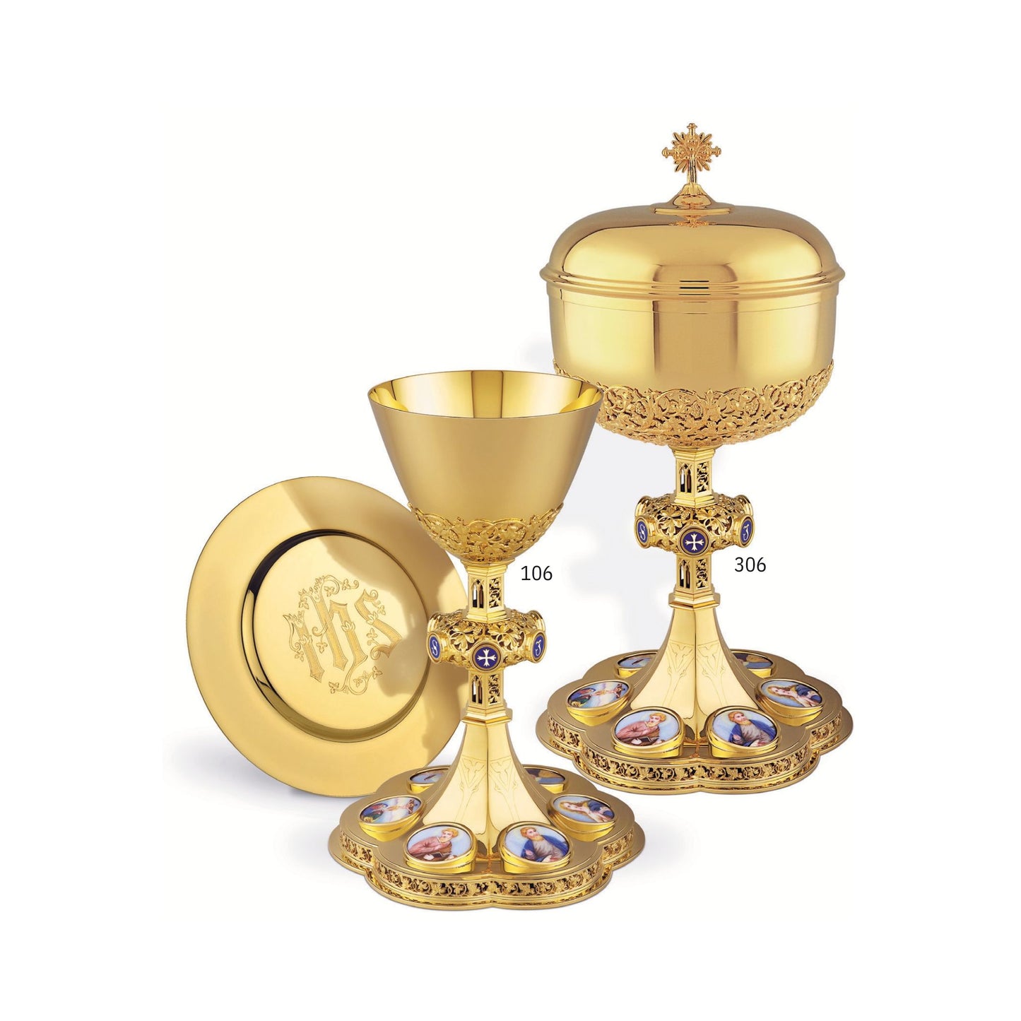 Chalice & Ciborium set Dish neo-gothic style with medallions of the Four Evangelists, the Mother of God and the Crucifixion,. Sold by The Clergy Store
